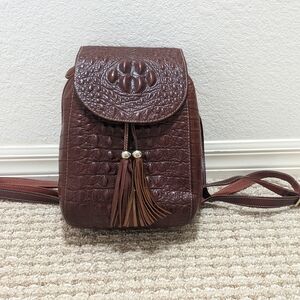 Brown Crocodile-Embossed Leather Backpack with Tassel Details